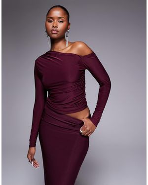 Kaiia Exclusive Double Layered Slinky Off Shoulder Long Sleeve Top Co-Ord - Purple