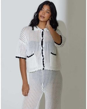 South Beach Crochet Knit Button Front Short Sleeve Shirt - White
