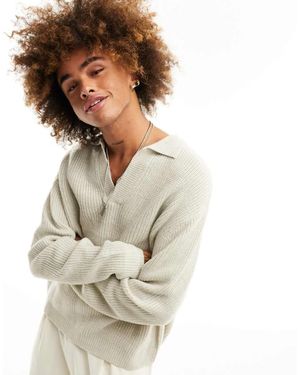 ASOS Oversized Knitted Fisherman Rib Notch Neck Jumper - Natural