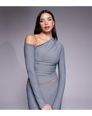 Kaiia Exclusive Premium Cotton Touch Slinky Off Shoulder Long Sleeve Top Co-Ord - Grey