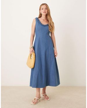Ghospell Denim Ruffle Midaxi Dress - Blue