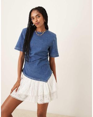 ASOS Cinched Waist Denim Short Sleeve Top With Shoulder Pads - Blue