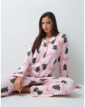 Loungeable Christmas Rever Button Up Shirt And Trouser Pyjama Set - Pink