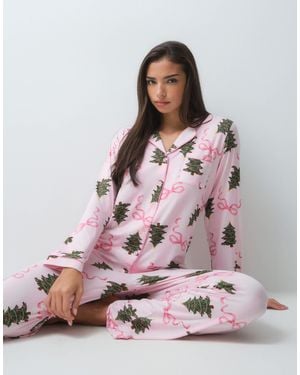 Loungeable Christmas pyjama-set mit hemd mit reverskragen und hose - Pink