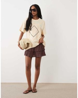 Miss Selfridge Embroidered Heritage Oversized T-shirt - Natural