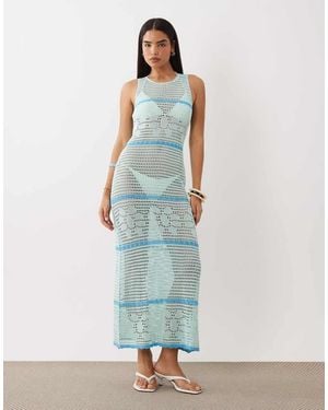 Kiwi & Co Open Floral Crochet High Neck Sleeveless Maxi Beach Dress - Blue