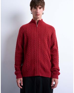 TOPMAN Cable Knitted Zip Through Funnel Neck Cardigan - Red