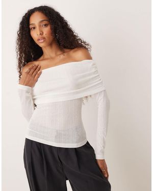 ASOS Gauzy Rib Foldover Bardot Long Line Top - White