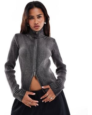 Weekday Panther Chunky Rib Zip Through Cardigan - Grey