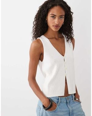 GOOD AMERICAN Fine Knit V-neck Button Placket Top - White
