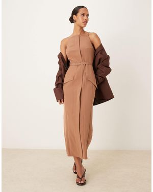 ASOS Slash Neck Belted Midi Dress With Pockets - Natural
