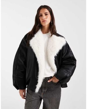 ASOS Leather Look Bomber Jacket With Cream Faux Fur Waterfall Colar - Black