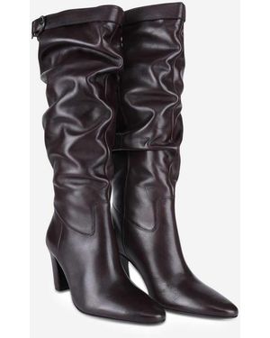 OFF THE HOOK Juno Leather Slouchy Knee-High Boots With Buckle Detail - Black