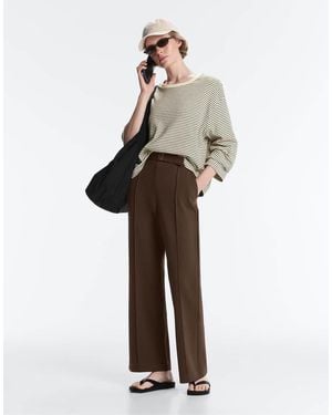 Oysho Slim Low-Rise Trousers With Cotton Piqué Pintuck - White