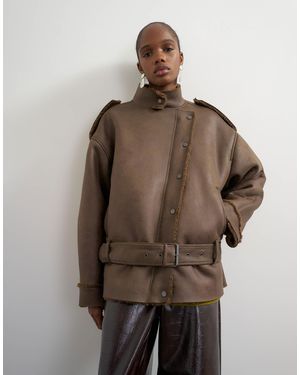 TOPSHOP Blouson style motard en peau retournée kaki - Marron