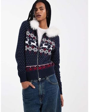 Hollister Faux Fur Hood Zip Through Knit Jumper - Blue