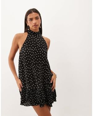 ASOS Plissee-halterneck-minikleid mit volantsaum und punktmuster - Schwarz