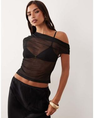 ASOS Sheer Mesh Ruched One Shoulder Asymmetric Top - Black