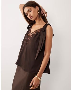 Bardot Aubrey Satin Bow Tie Shoulder Detail Lace Trim Cami Top - Brown