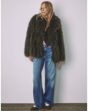 Stradivarius Mid-Length Dishevelled Faux Fur Coat - Green