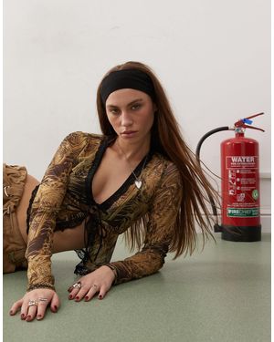 Collusion Mesh Animal Print Cardigan With Lace Trim - Brown