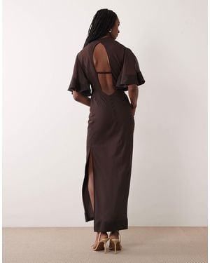 ASOS Asos Design Tall Half Wide Sleeve Column Chiffon And Satin Contrast Dress - Brown