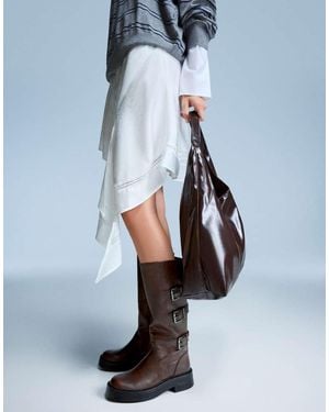 Bershka Flat Boots With Buckles - Brown