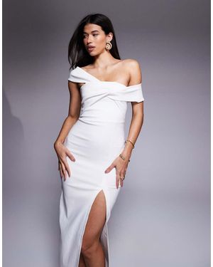 Vesper Bengaline One Shoulder Twist Front Side Split Maxi Dress - White