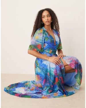 Hope & Ivy Vestito Lungo A Portafoglio Con Maniche Con Volant A Fiori - Blu