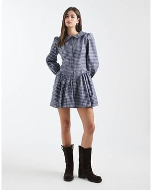 Daisy Street Drop Waist Fitted Mini Dress With Statement Collar - Blue