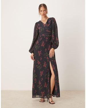 ANAYA Floral Faux Wrap Long Sleeve Maxi Dress - Black
