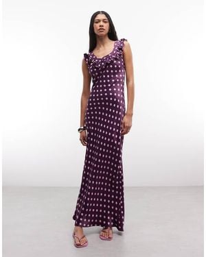 Reclaimed Vintage Maxi Satin Tea Dress With Frill Neck - Purple