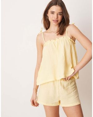 Loungeable Crinkle Cotton Tie Shoulder Cami And Shorts Pyjama Set - Natural