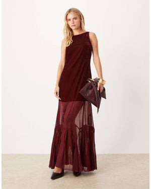 ASOS Asos Design Petite Dropped Waist Velvet Maxi Dress With Sheer Godet Skirt - Red