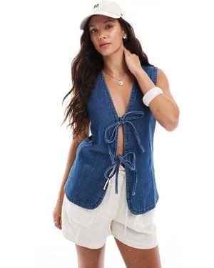 Brave Soul Longline Cotton Denim Waistcoat With Tie Front - Blue