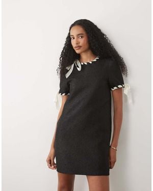 Sister Jane Camille Jacquard Short Sleeve Mini Dress With Ribbon Trim - Black