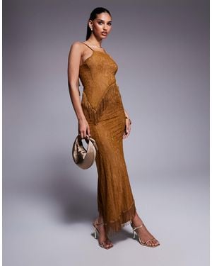 ASOS Asymmetric Lace Maxi Dress With Fringing And Cut Out - Purple