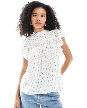 Vero Moda High Neck Flutter Sleeved Embroidered Top - White