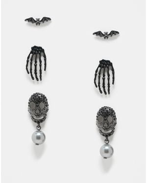 ASOS Halloween Pack Of 3 Earrings With Skeleton And Bat Design - White