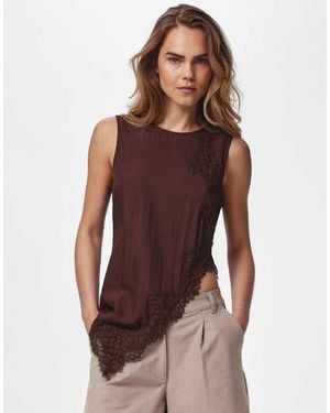 Pieces Jolivia Lace Crew Neck Sleeveless Top - Brown