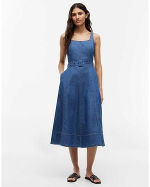 Tommy Hilfiger Belted Denim Fit And Flare Midi Dress - Blue
