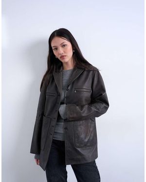 TOPSHOP Premium Real Leather Blazer With Patch Pockets - Black