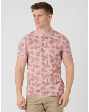 Brave Soul Leaf Print Cotton Polo Shirt - Pink