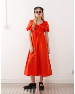 Reclaimed (vintage) Midi Dress With Puffball Sleeves And Shir Waist - Red