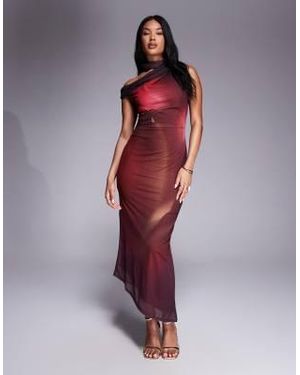 River Island Asymmetric Highneck Mesh Midi Dress - Red