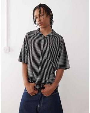 Reclaimed Vintage Textured Jersey Striped Short Sleeve Resort Polo Top - Grey