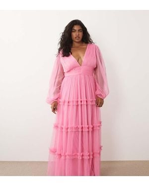 Lace & Beads Plus Tulle Plunge Neck Ruffle Tiered Maxi Dress - Pink