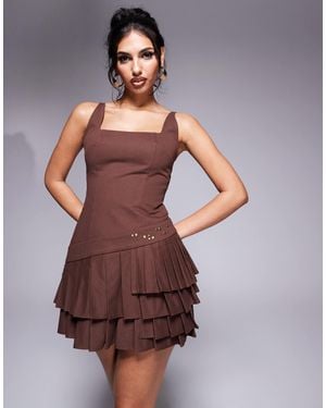 Murci Exclusive Square Neck Lace Up Back Stud Detail Pleated Hem Mini Dress - Brown