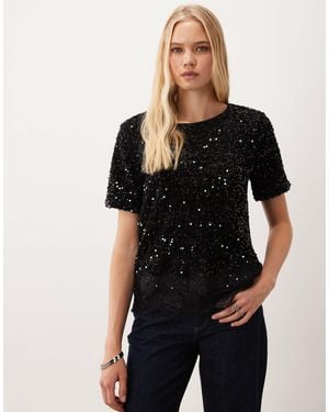 Vila Sequin & Velour T-Shirt Co-Ord With Lace Trim - Black