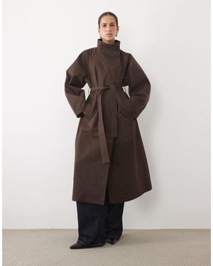 Vila Funnel Neck Tie Waist Trench Coat - Brown